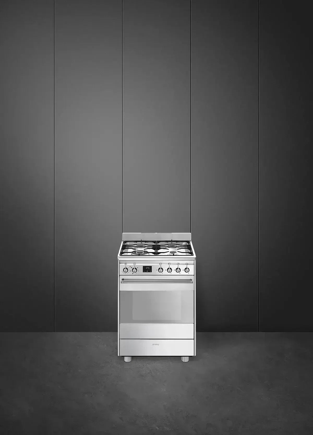 Stainless steel gas range with oven, modern kitchen appliance for designer kitchens