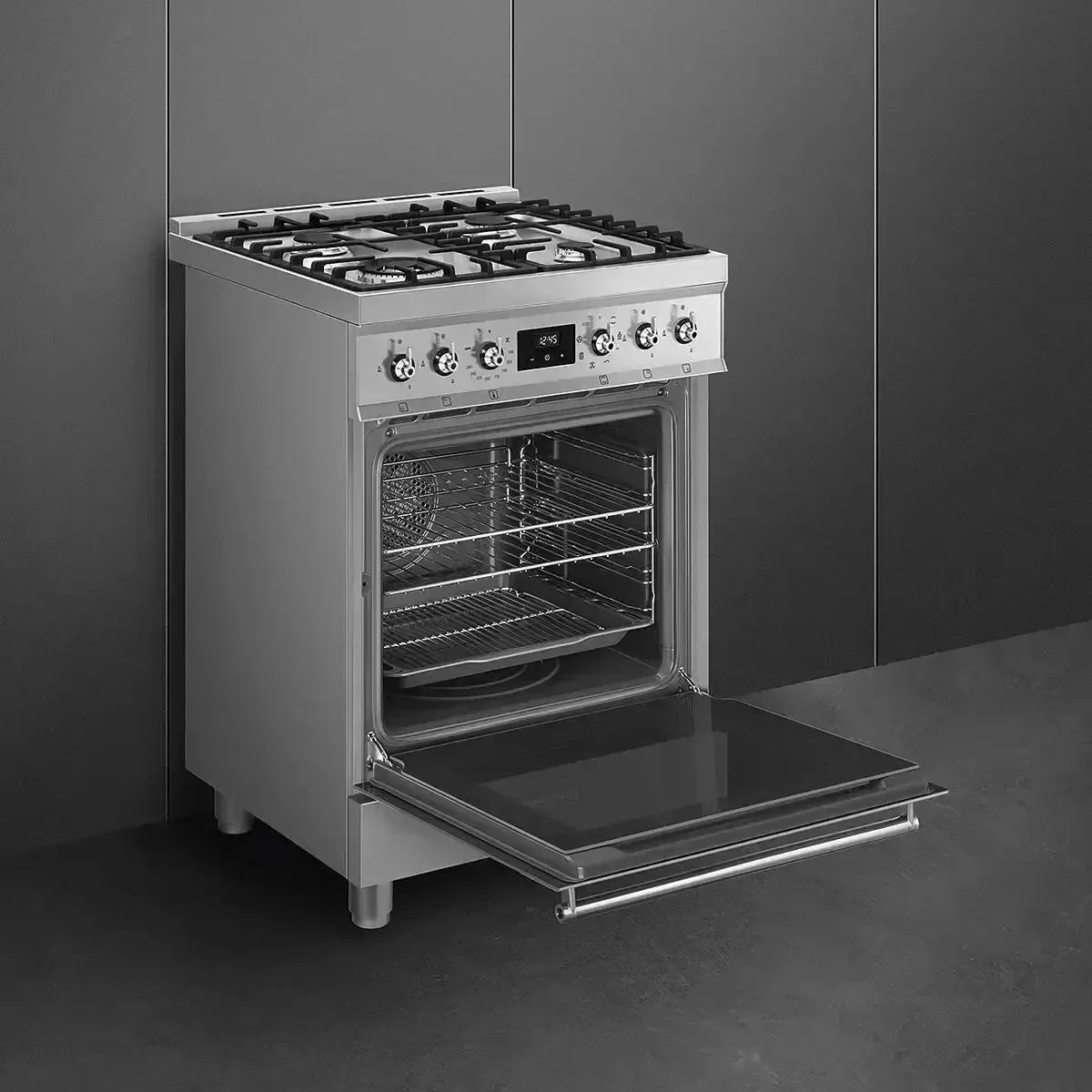 Stainless steel freestanding gas range with open oven, modern kitchen appliance