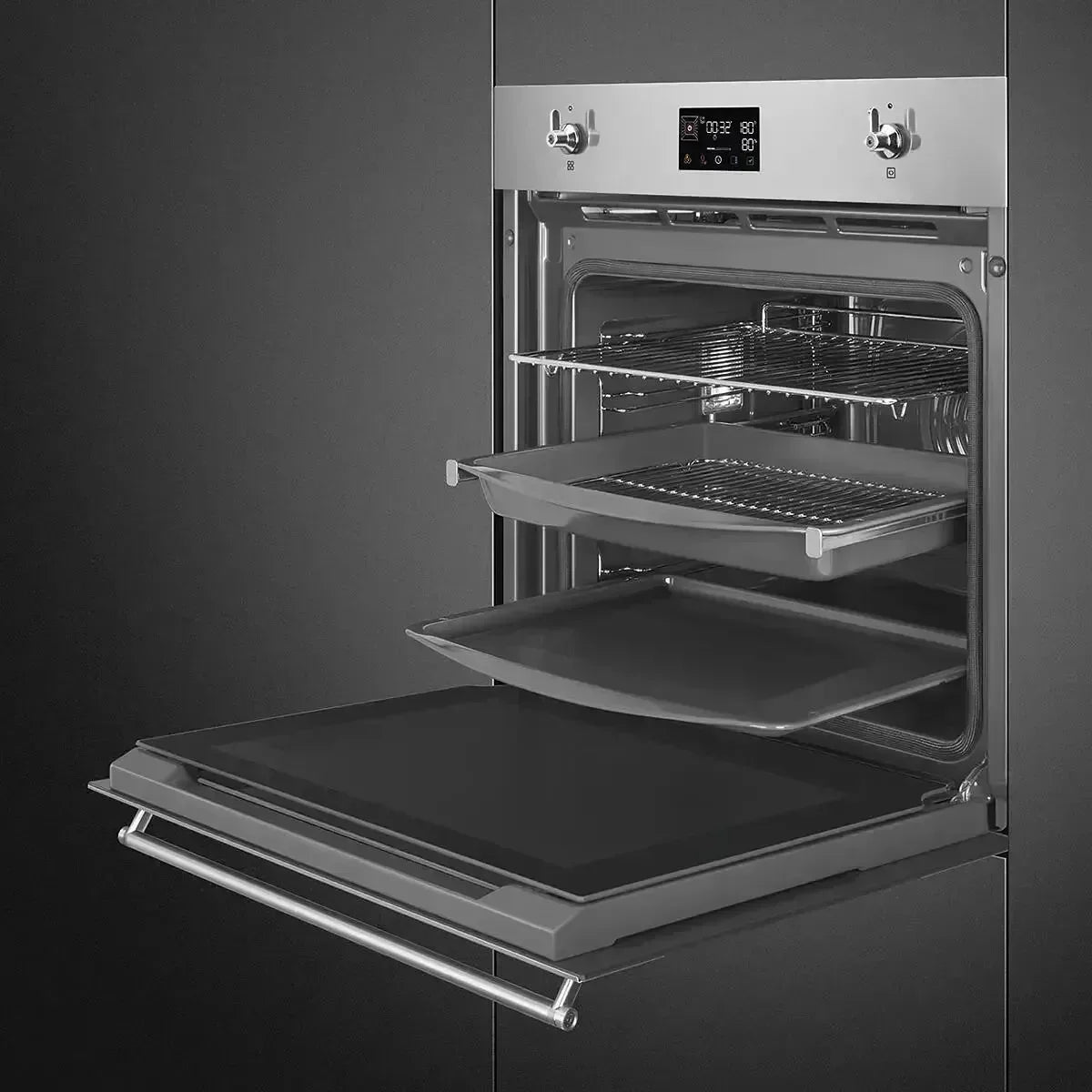 Stainless steel built-in oven with digital display and multiple racks, perfect for modern kitchen appliances
