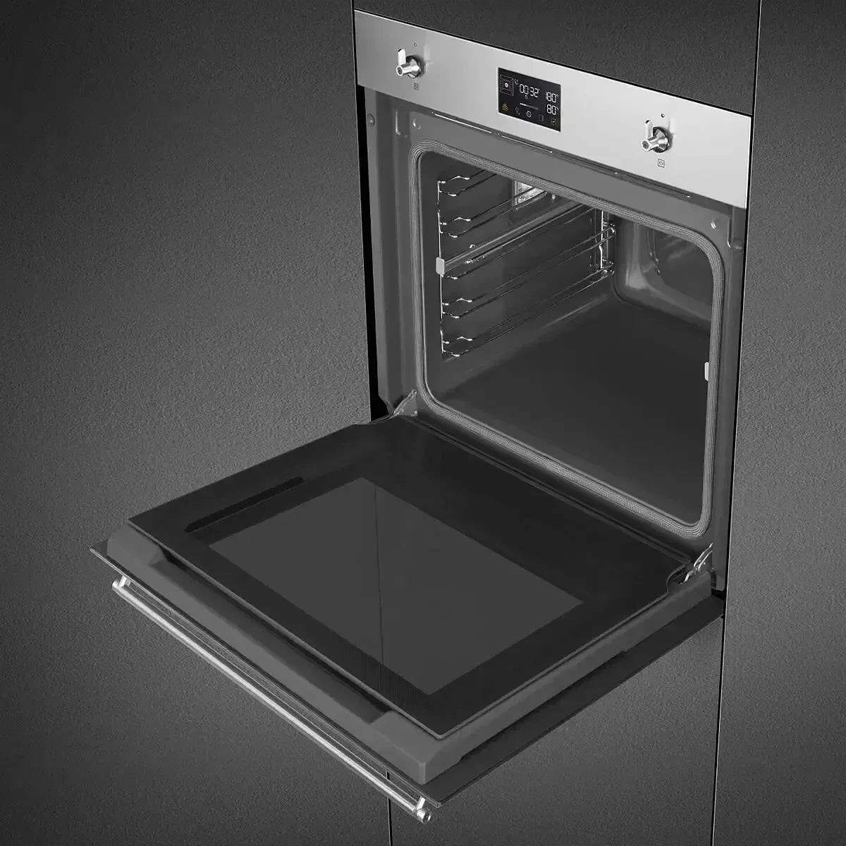 Modern built-in oven with open door, digital display, and stainless steel finish for designer kitchens