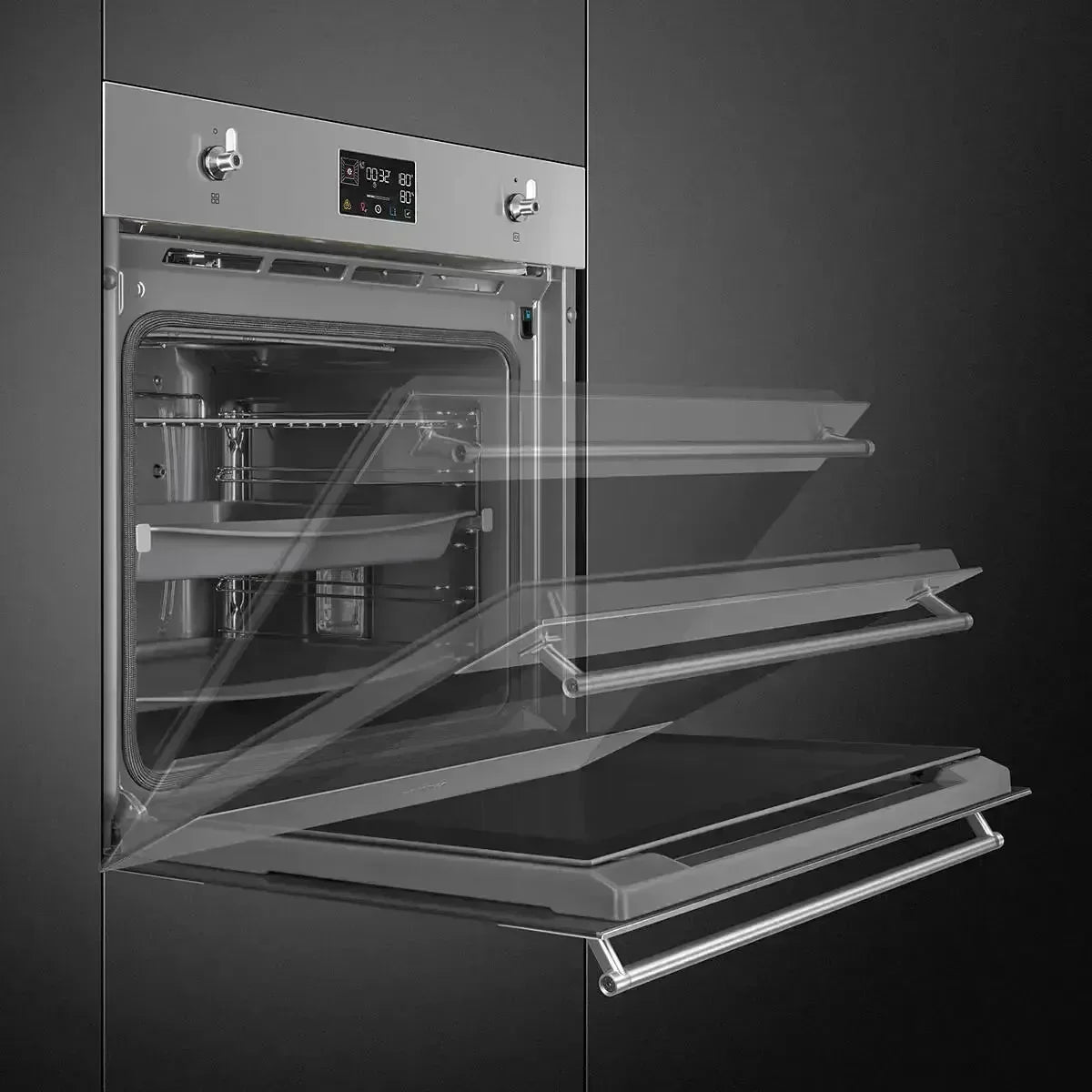 Modern built-in oven with digital display and multiple rack positions for kitchen appliance design