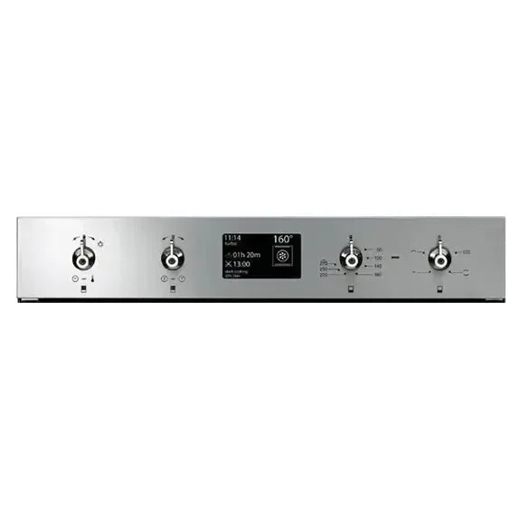 Stainless steel oven control panel with digital display and rotary knobs for precise temperature settings