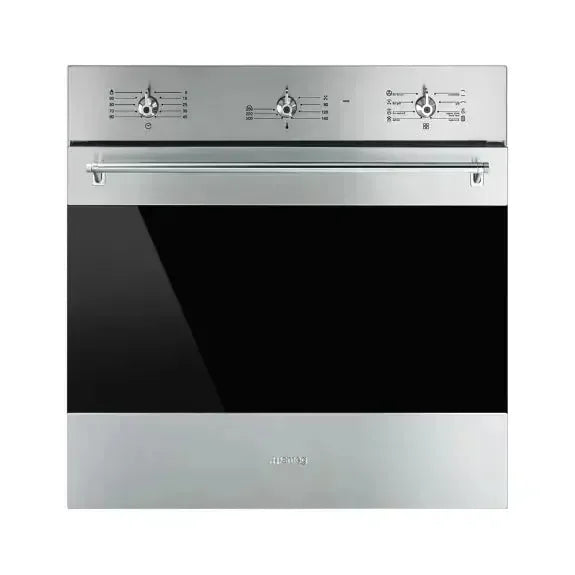 Stainless steel built-in oven with black glass door and rotary controls for modern kitchen appliance design