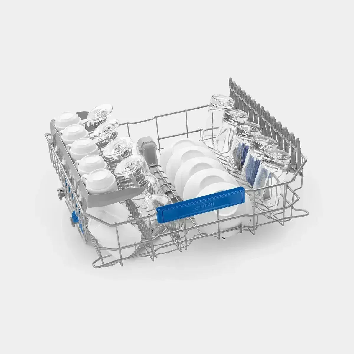 Dishwasher rack loaded with clean dishes, cups, and glasses, featuring blue adjustable tines for versatile kitchen storage.