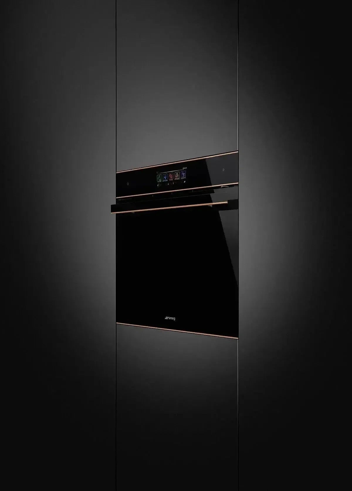 Sleek black Smeg built-in oven with digital controls, perfect for modern designer kitchens
