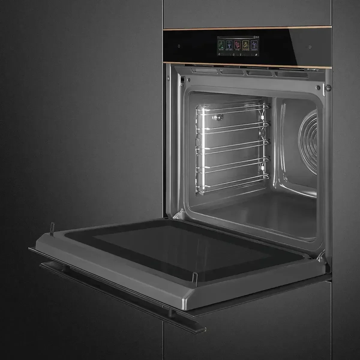 Modern built-in oven with open door, digital display, and stainless steel racks for designer kitchen appliances