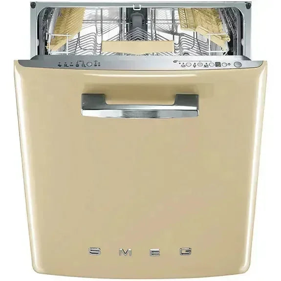 Cream retro-style SMEG dishwasher with open door, stainless steel interior, and chrome handle