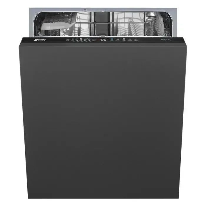 Black Smeg built-in dishwasher with open door, stainless steel interior, digital display, Made in Italy