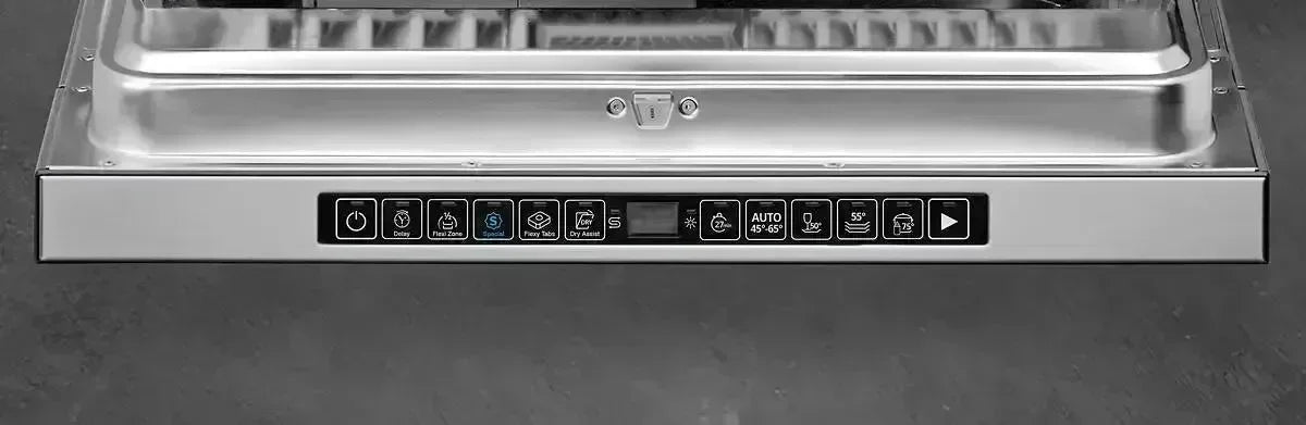 Stainless steel dishwasher control panel with digital display and touch buttons for kitchen appliance