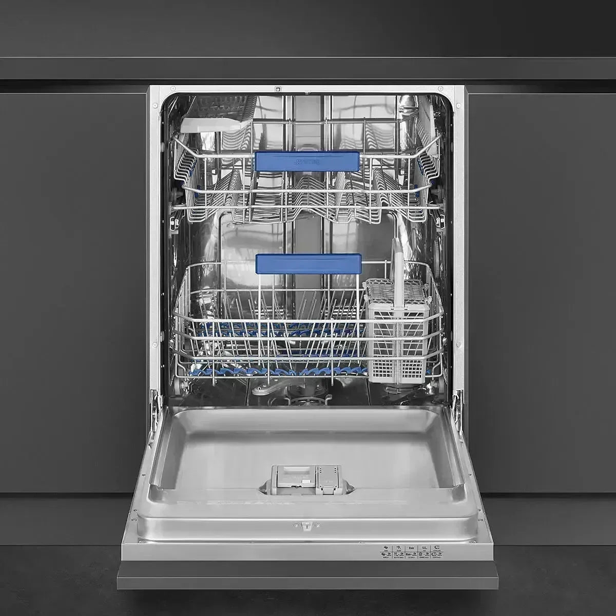 Stainless steel dishwasher with blue accents, open interior showing racks and cutlery basket in modern kitchen