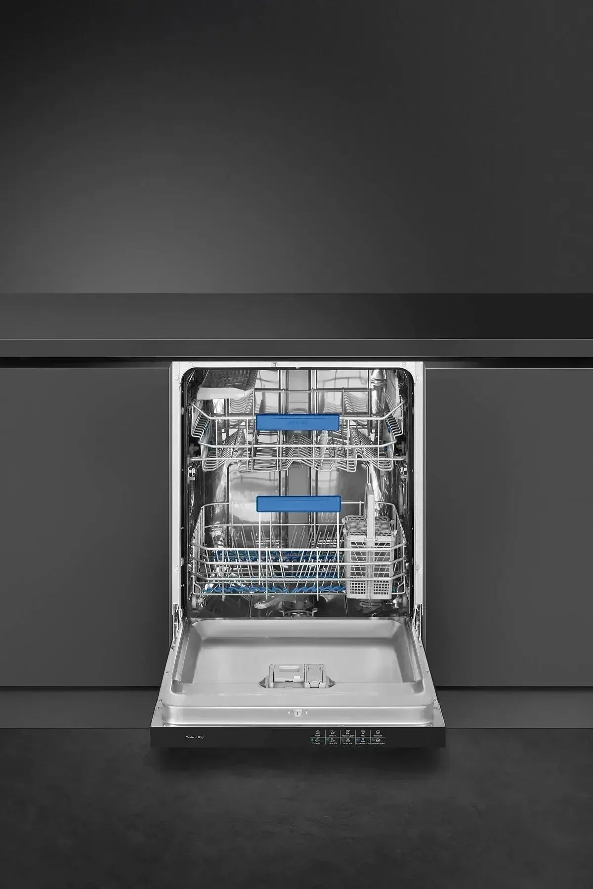 Stainless steel dishwasher with blue accents, open door, modern kitchen appliance