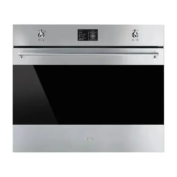 Stainless steel built-in oven with digital display and sleek black glass door, perfect for modern kitchen design.
