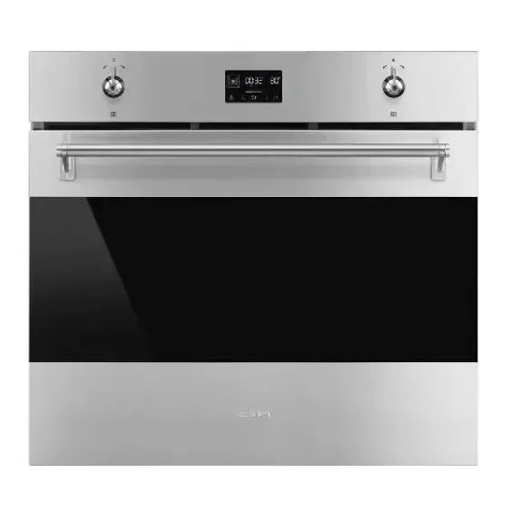 Stainless steel built-in oven with digital display and control knobs for modern kitchen appliances