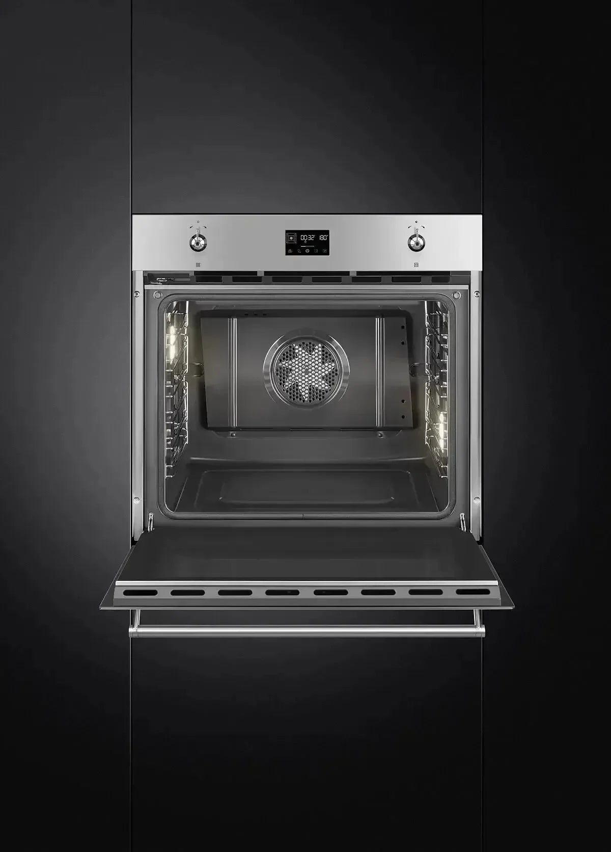 Stainless steel built-in oven with open door, digital display, and interior lighting in modern kitchen