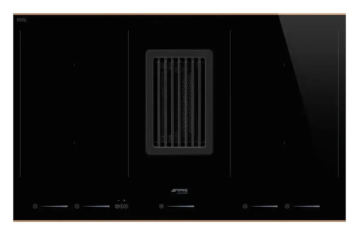 Sleek black Smeg induction cooktop with integrated downdraft vent, modern kitchen appliance