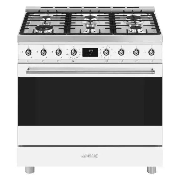 White 36-inch gas range with 6 burners, digital display, and oven — perfect for designer kitchens