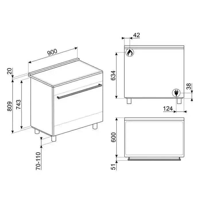 Built-in oven technical drawing with dimensions for kitchen appliance installation