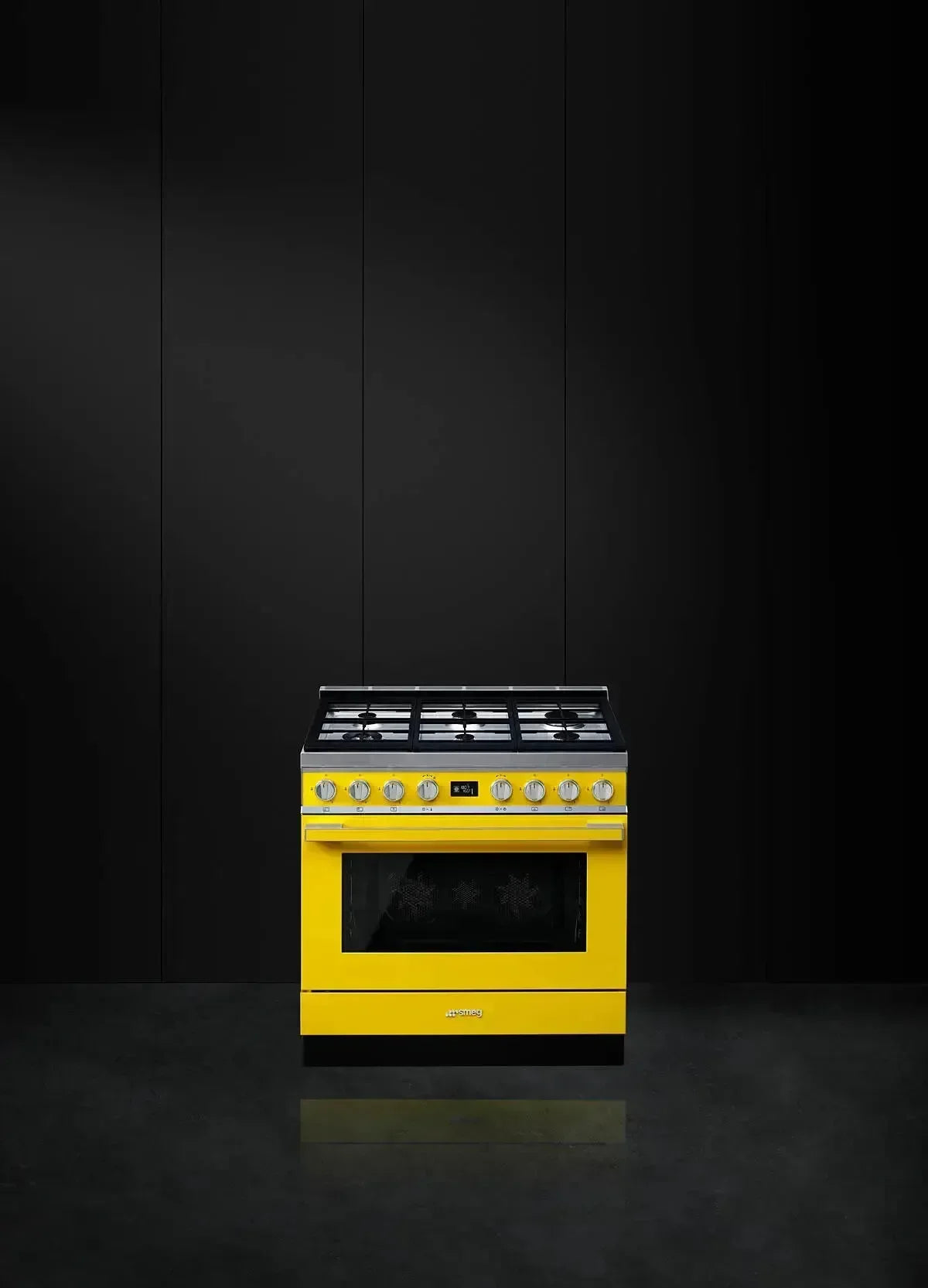 Falcon premium European glass black upright 1100mm induction cooker with bold yellow finish and gas burners