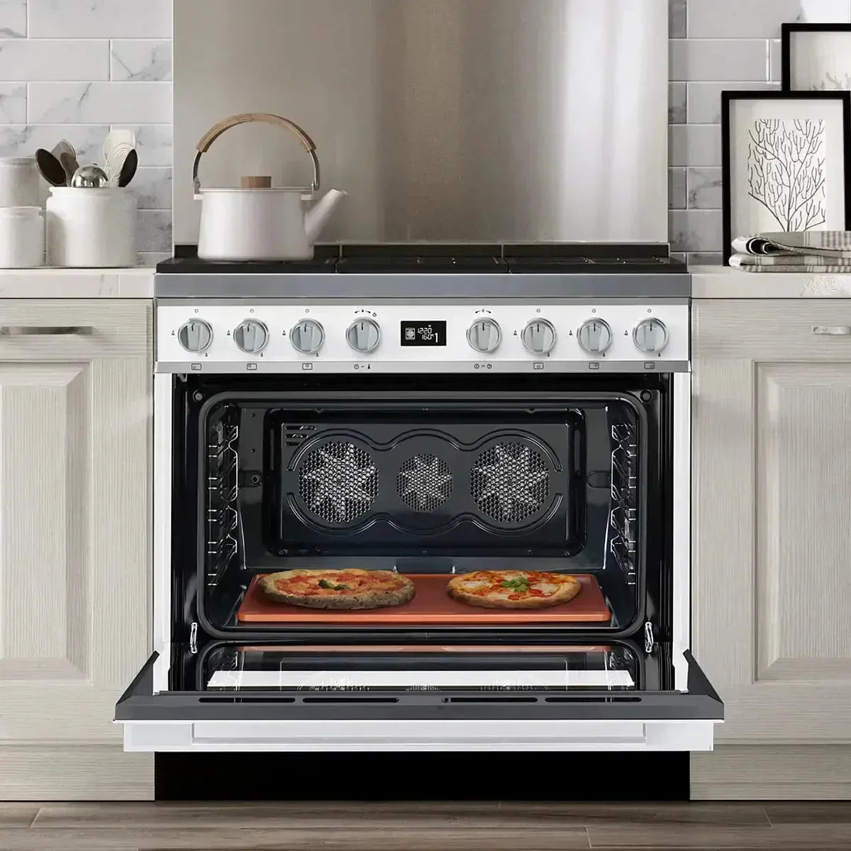 Falcon premium European glass black upright 1100mm induction cooker with pizzas baking inside