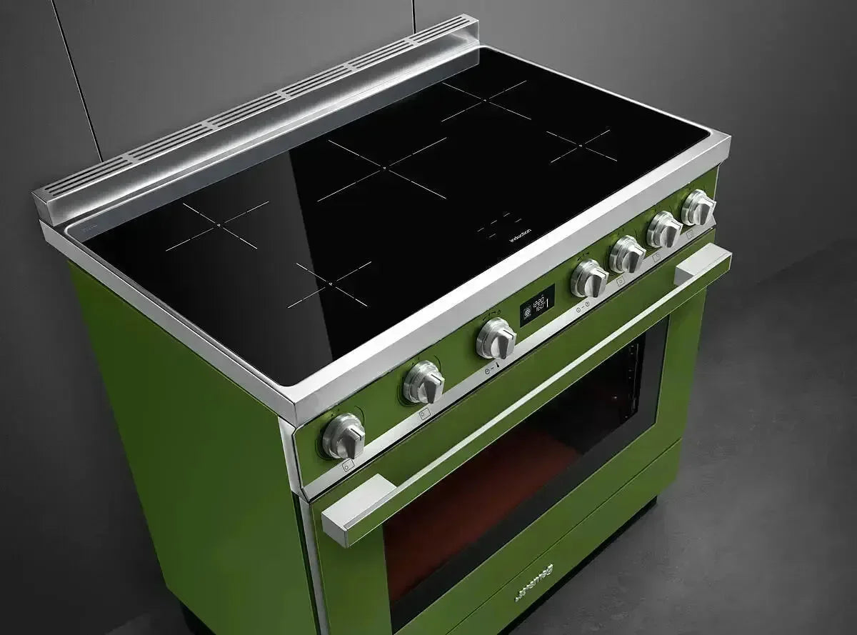 Green designer electric range with induction cooktop and stainless steel controls for modern kitchen
