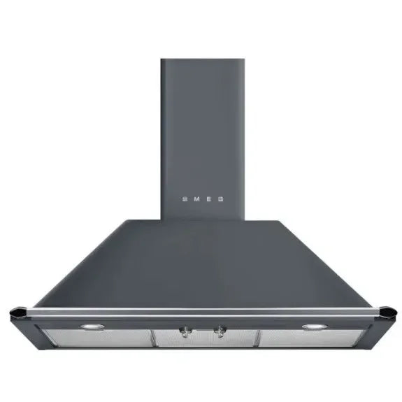 SMEG black chimney range hood with stainless steel trim and integrated lights