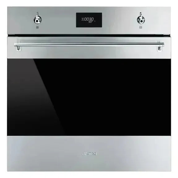 Stainless steel built-in oven with digital display and black glass door, modern kitchen appliance
