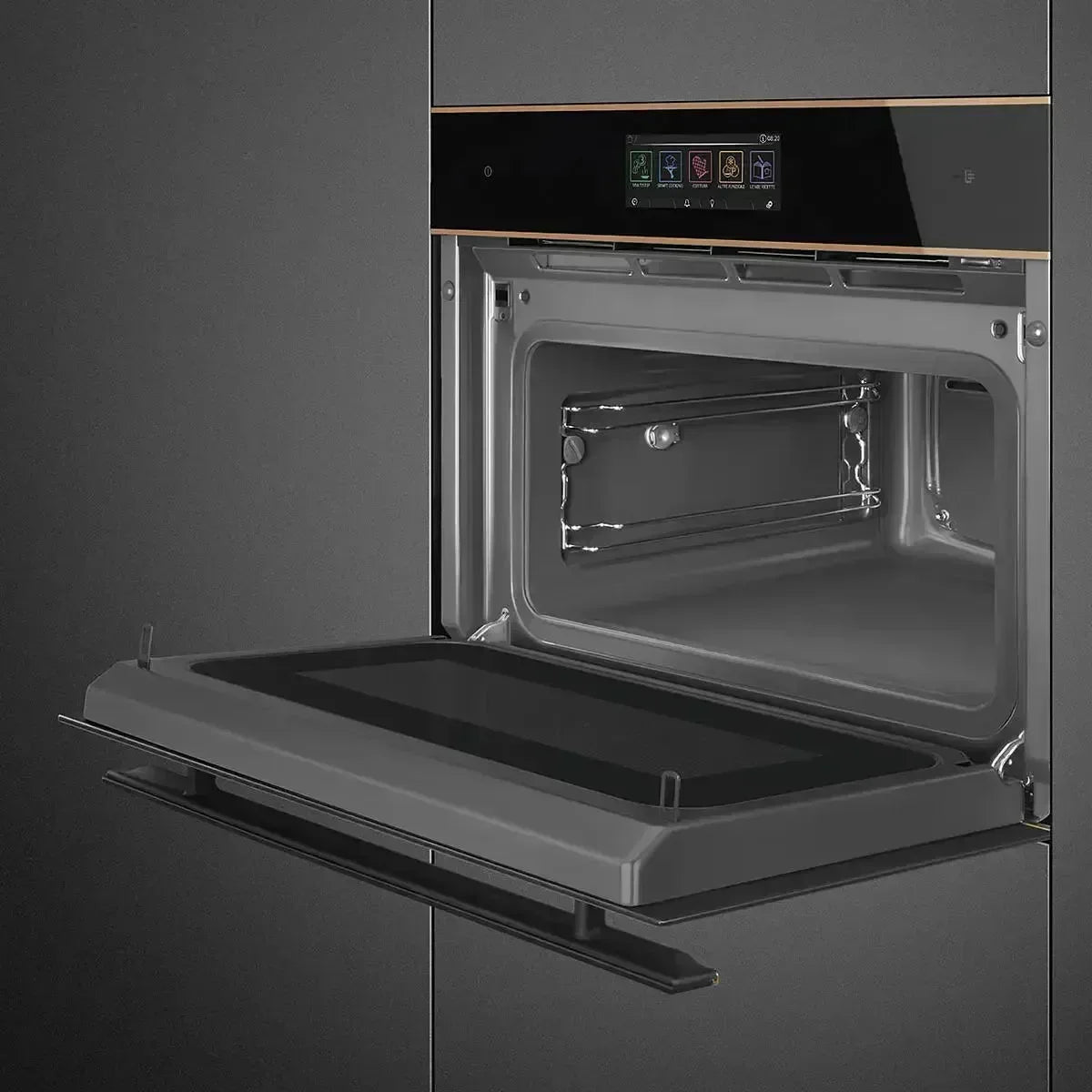 Modern built-in oven with open door, digital touchscreen controls, and sleek black finish for designer kitchens.