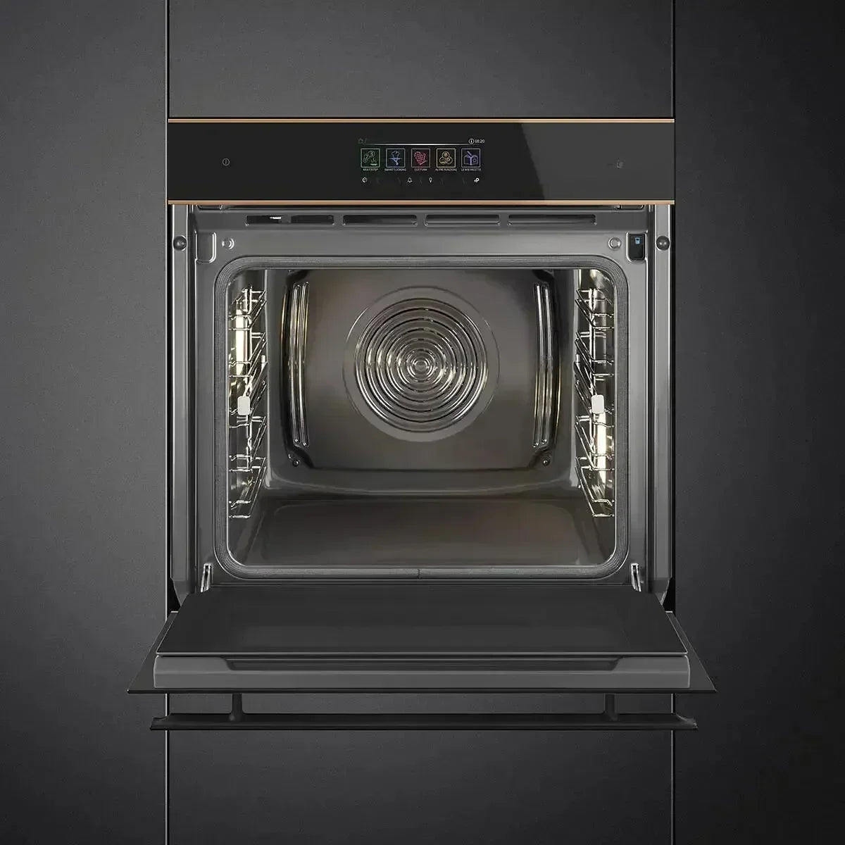 Modern built-in oven with digital controls and open door, showcasing interior racks and heating element.