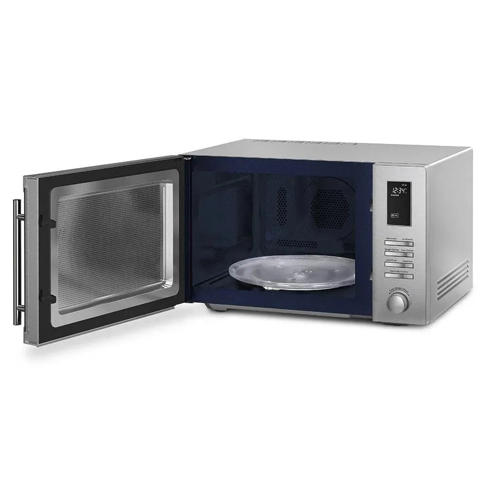 Stainless steel microwave oven with open door, digital display, and turntable inside, ideal for modern kitchen appliances.