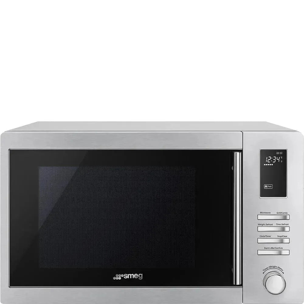 Stainless steel Smeg microwave oven with digital display and control panel for modern kitchen appliances
