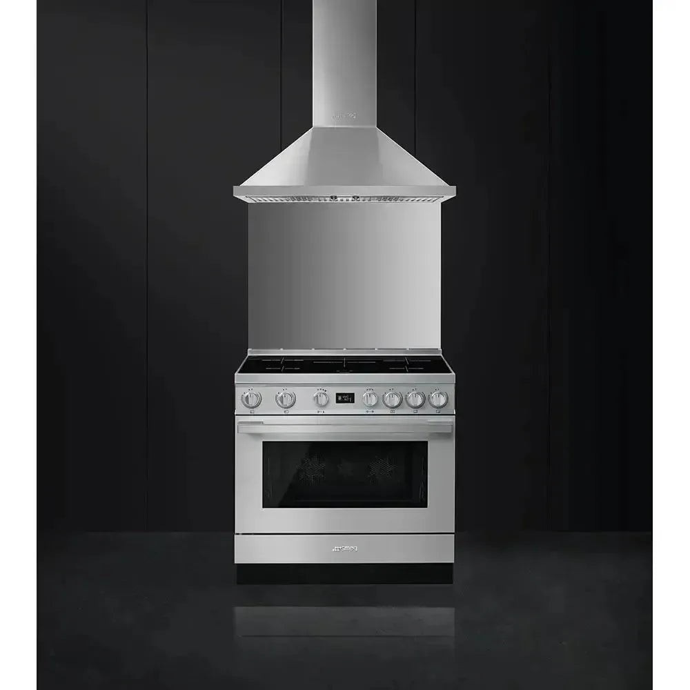 Stainless steel kitchen range with oven and range hood for modern designer kitchens