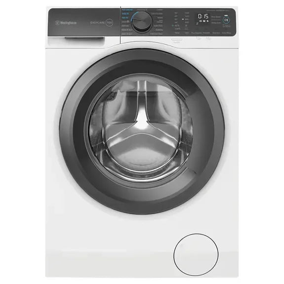 White front-load washing machine with digital display and large glass door, modern appliance for home laundry