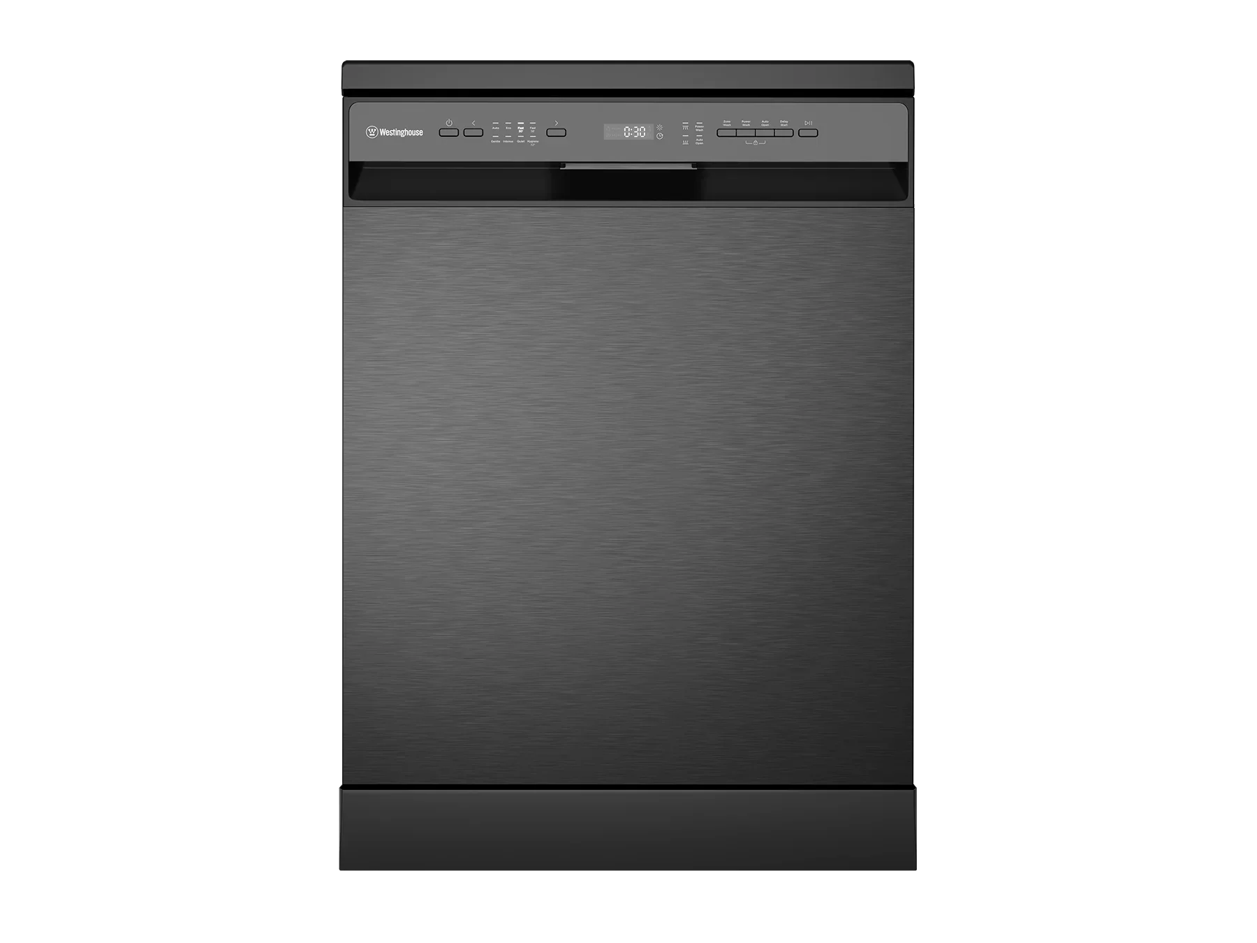 Black stainless steel dishwasher with digital controls and sleek modern design