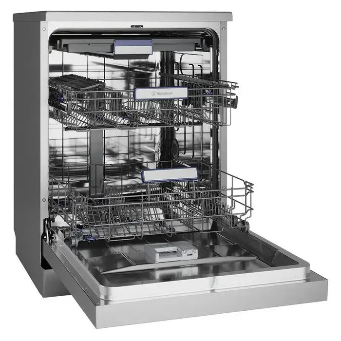 Stainless steel dishwasher with open door and adjustable racks for modern kitchen use