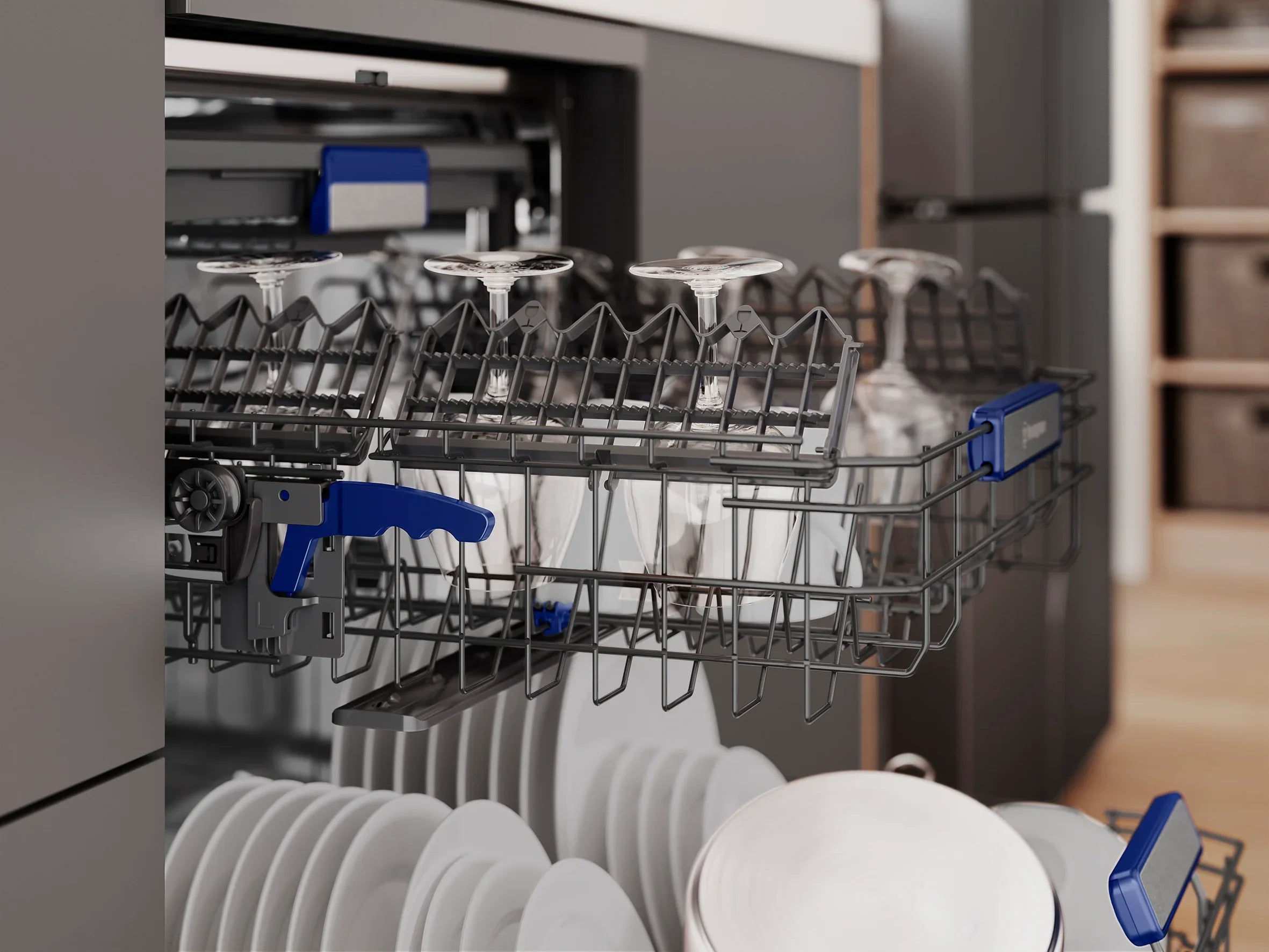 Dishwasher interior with wine glasses and plates, modern kitchen appliance