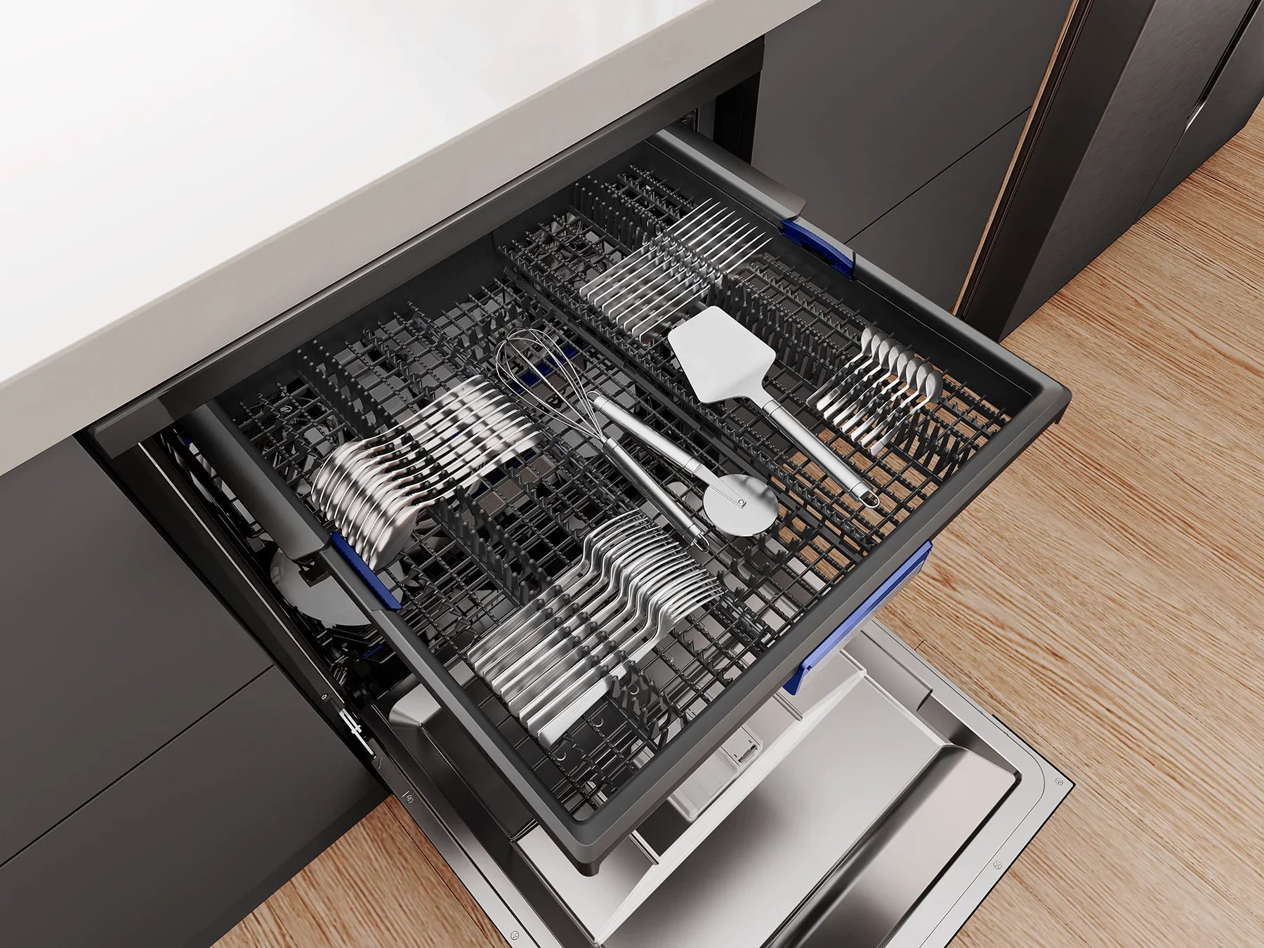 Open dishwasher with utensils and cutlery in modern kitchen setting
