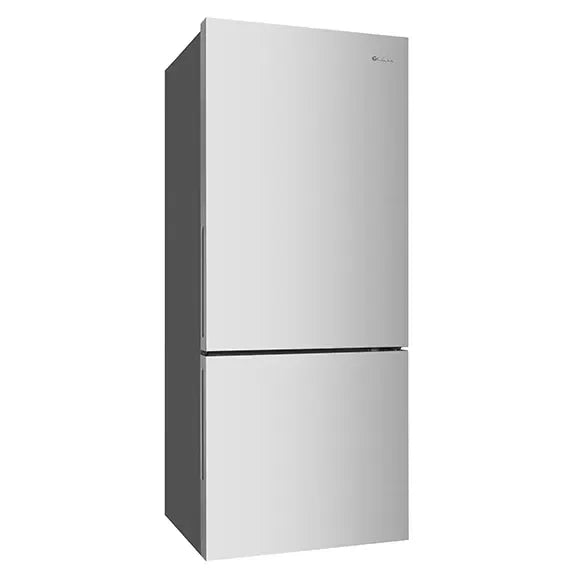 Stainless steel upright refrigerator with bottom freezer, sleek modern design for kitchen use