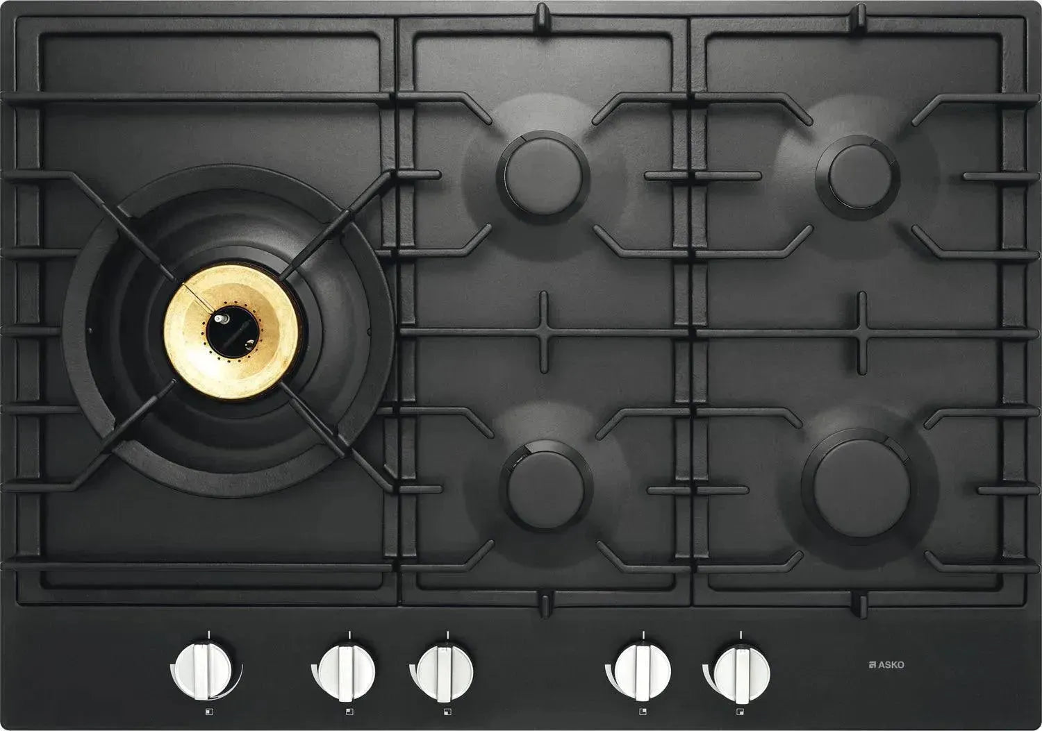 Black ASKO gas cooktop with five burners and brass center burner, ideal for designer kitchens