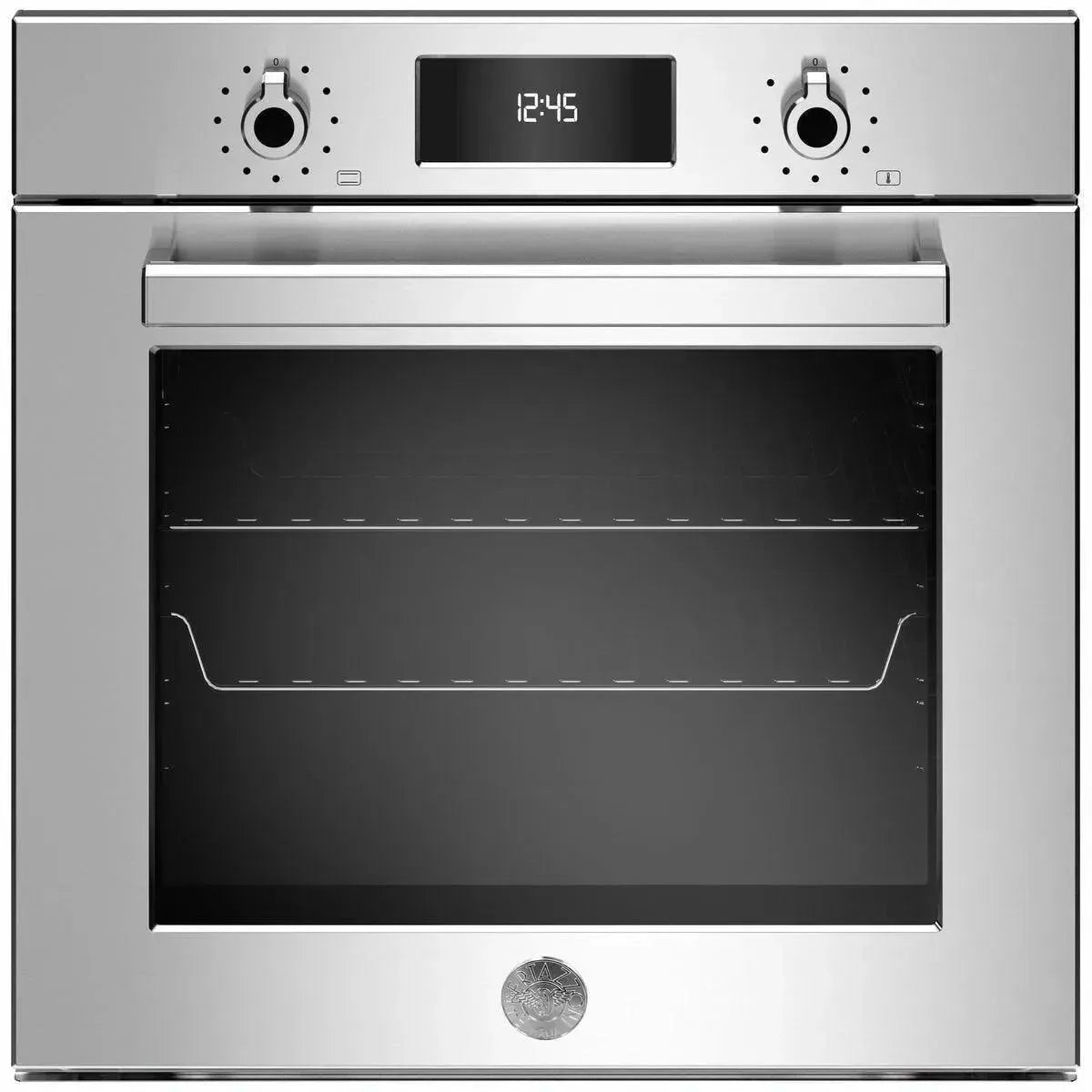 Stainless steel built-in oven with digital display and control knobs, perfect for modern kitchen appliances.