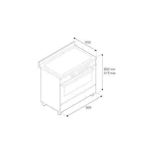 Technical drawing of a freestanding electric range with oven, showing dimensions for kitchen appliance planning.
