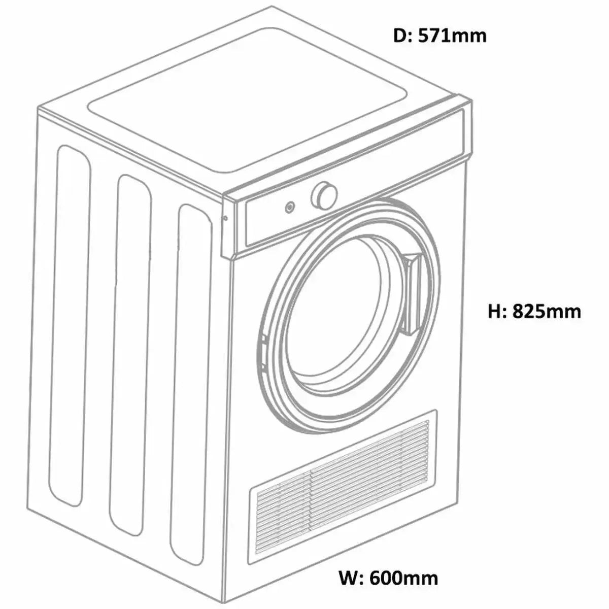 Front-loading washing machine diagram with dimensions: 600mm W, 825mm H, 571mm D