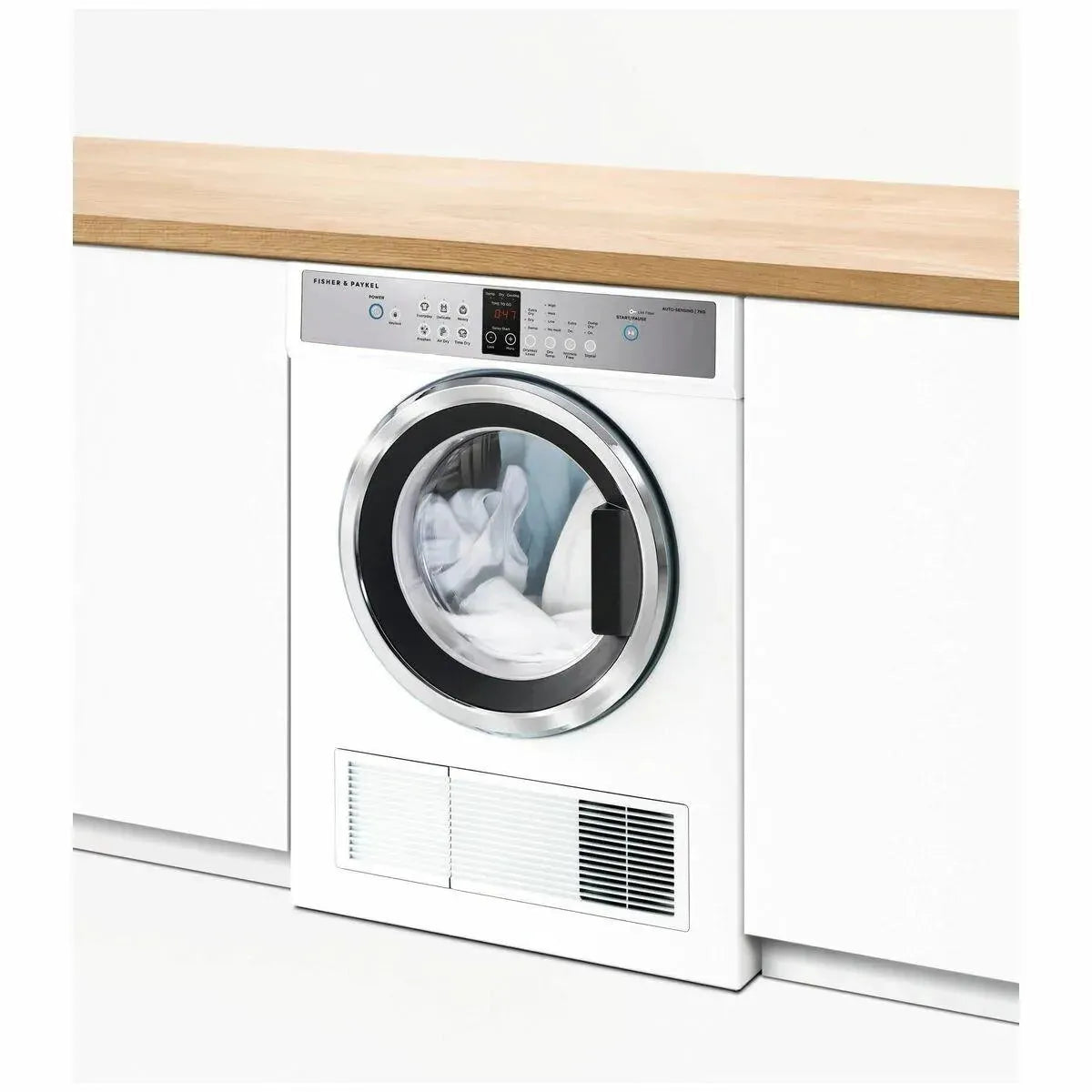 Fisher & Paykel front load washing machine in modern kitchen with wooden countertop
