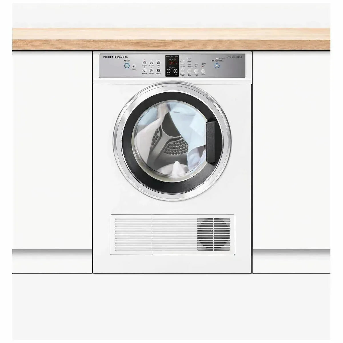 Fisher & Paykel front-load dryer in modern kitchen, sleek white design with digital controls