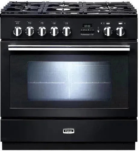Black Falcon professional dual fuel range with gas burners and oven, perfect for designer kitchens