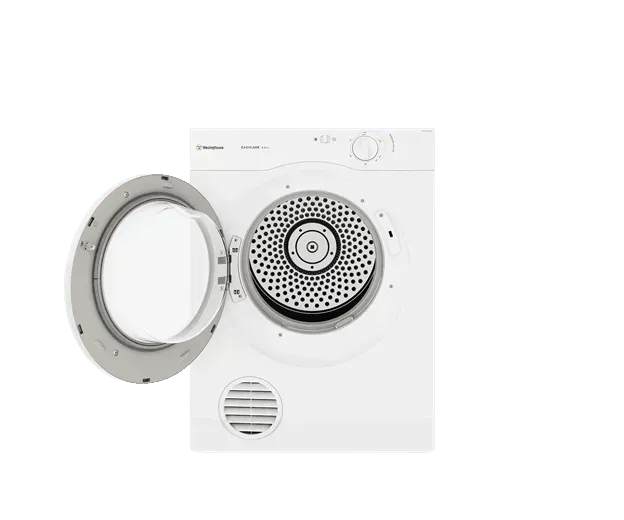 White front-load dryer with open door, showcasing interior drum and control panel