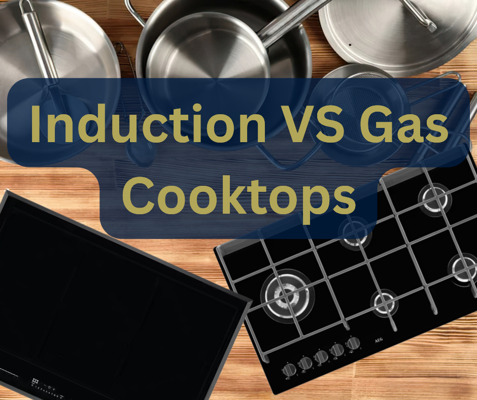 Induction vs Gas Cooktops text seen above cookware and 2 cooktops.