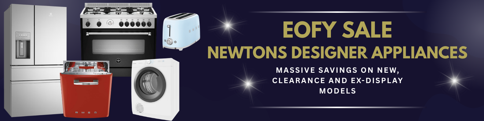 Yellow stock clearance banner with bold text and percentage discounts in the background