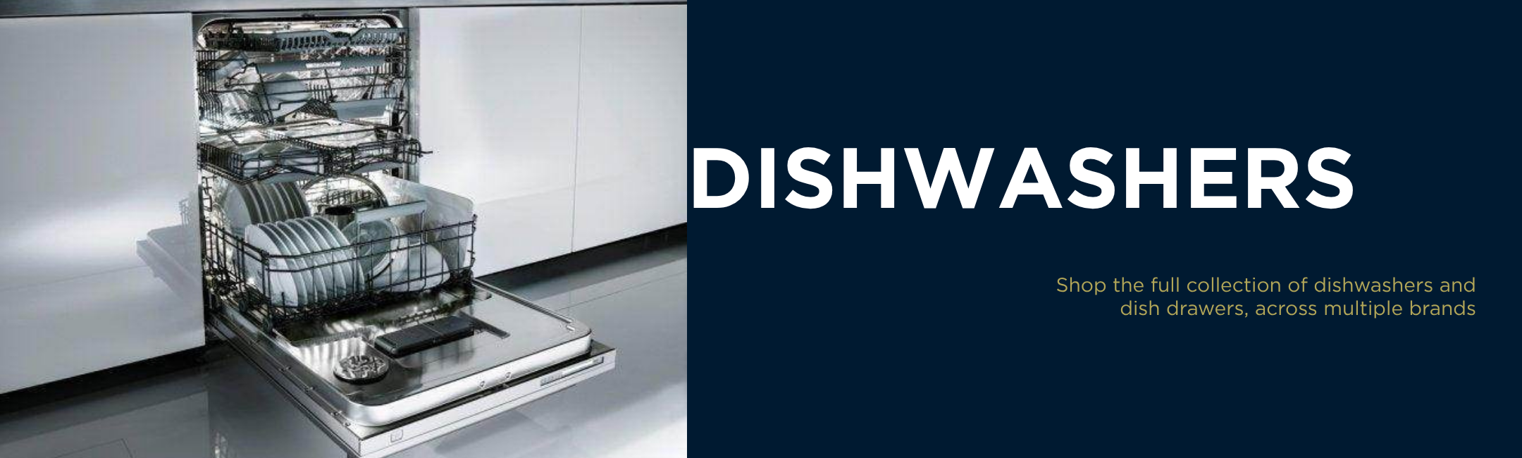 Open stainless steel dishwasher loaded with clean dishes in modern kitchen