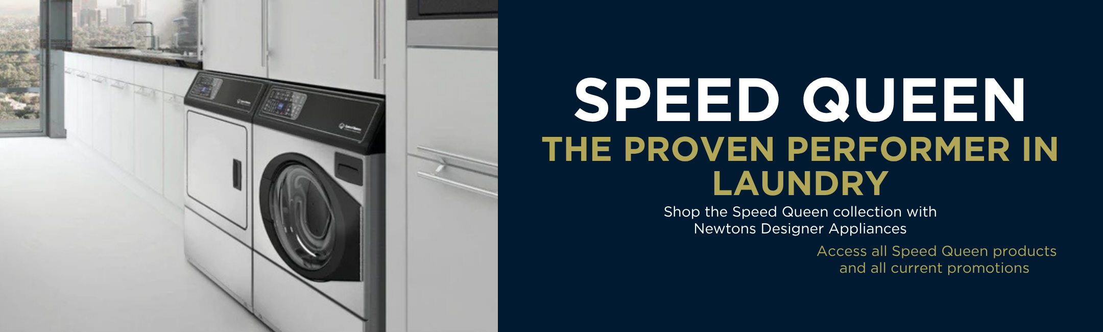 Speed Queen washer and dryer in modern laundry room, designer appliances for home