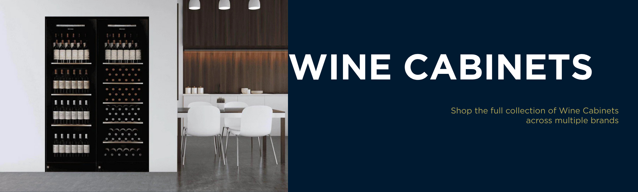 Modern wine cabinets in sleek kitchen with dining table, showcasing designer appliance storage solutions